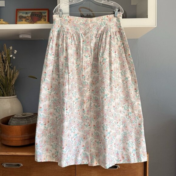 Vtg 90s Susan Bristol Floral Cotton Button Front Midi Skirt Pockets Cottage - Picture 1 of 5